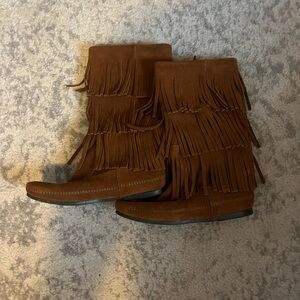 Minnetonka Brown Suede Triple-Fringe Lace-Up Boots